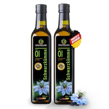 Kräuterland Schwarzkümmelöl 2X500ml (1Liter), gefiltert, naturrein ohne Zusatzstoffe, hoher Thymochinon, kaltgepresst, vegan, mild, glasflasche, mühlenfrisch direkt aus unsrer hessischen Ölmühle