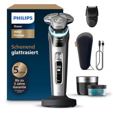 Philips Rasierer i9000 Prestige, Nass- und Trockenrasierer für Männer mit integriertem Trimmer, grau-silber, Drucksensor, Reinigungsstation, 5+1-Bartstyler, Ladestation und Reiseetui, Modell XP9204/33