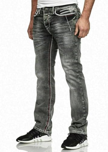 iProfash Herren Jeans Hose Washed Straight Cut Regular Stretch Blau Dicke Naht Schwarz Nähte (DE/NL/SE/PL, Bundweite & Schrittlänge, 31, 32, (5056 Jeans) Grau)