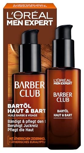 L'Oréal Men Expert Bartöl für Männer, Unterstützung beim gesunden Bartwachstum, Beruhigende Bartpflege für Herren mit holzigem Duft und ätherischem Zedernholzöl, Barber Club, 1 x 30 ml