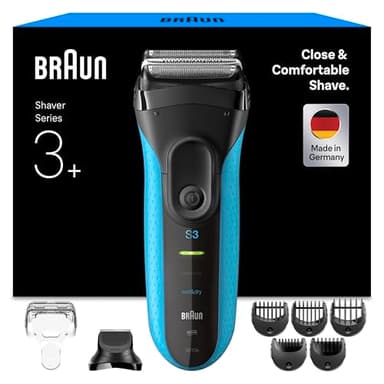 Braun Series 3+ Rasierer Herren Elektrisch, Elektrorasierer mit 3 Flexiblen Klingen, Rasierapparat Made in Germany, Barttrimmer-Aufsatz, +5 Kammaufsätze, Nass- & Trockenrasierer, 3010BT, Blau