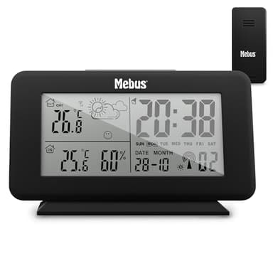 Digitale Funk-Wetterstation 40689 mit Außensensor, Thermometer innen und aussen, batteriebetriebene Funkstation und -sender, Schwarz