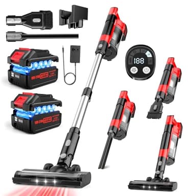 Qardoz Akku Staubsauger, 700W / 60KPa /70 Mins Staubsauger Kabellos mit 2 * 4,0 Ah Abnehmbaren Akkus,LED Display,Anti-Tangle-Bürste,Akkustaubsauger für Haustierhaar/Teppich/Boden