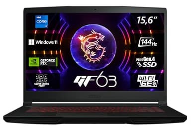 MSI Thin GF63 12VF-298, 39,6 cm (15,6 Zoll) FHD, 144 Hz, Intel Core i7-12650H, 16 GB DDR4-3200, 512 GB SSD RTX 4060 Laptop GPU, Windows 11 Home, Schnelles PCIe SSD-Systemlaufwerk, QWERTZ Tastatur