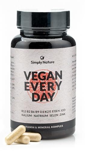 Vegan Every Day - Multivitamin Mineralstoff Komplex- Hochdosiert - 120 Kapseln - Deutsche Qualität - Laborgeprüft - B12+B2+B6+B9 Folsäure+D3+K2+E+EISEN+JOD+KALIUM+NATRIUM+SELEN+ZINK