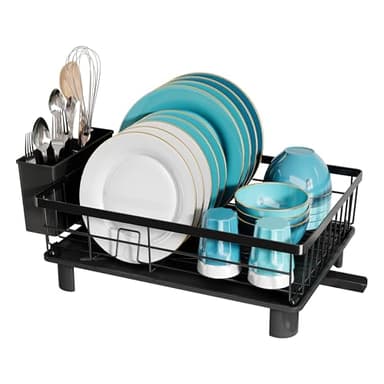 MAJALiS Abtropfgestell Geschirr mit Abtropfschale, Edelstahl Geschirrabtropfgestell, Abtropfgestell für Spülbecken mit Abtropffläche und Drehbarem Auslauf, Geschirr Abtropfständer, Schwarz