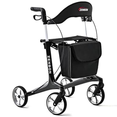 Carbon Ultralight Rollator Klappbar 5,5 kg: Rollator Faltbar und Leicht mit Sitz Wohnungsrollator Faltbarer für Senioren - Premium Gehhilfe Rollatoren für Kofferraum Reise und Flug (Schwarz)