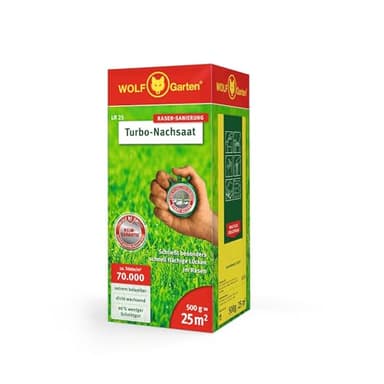 WOLF-Garten Turbo-Nachsaat zur Rasensanierung LR25 (für 25 m², hohe Dichte mit ca. 70.000 Trieben/m², für alle Rasentypen geeignet, mit WOLF-Garten Keimgarantie, 500g in Faltschachtel) 3826020