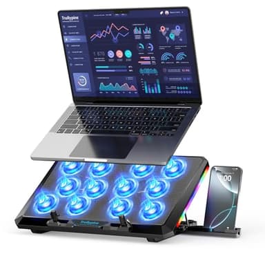 Trullypine Laptop Kühlpad für 12-17,3 Zoll, leistungsstarke 12 leise Lüfter, schnelle Kühlung, ergonomischer Notebook Cooler Ständer, 5 höhenverstellbar, 2 USB-Anschlüsse, Telefonhalter (Getriebe)
