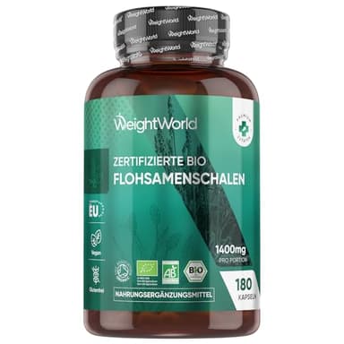 Bio Flohsamenschalen Kapseln 1400mg pro Portion - 3 Monate Vorrat - 180 vegane Kapseln - Psyllium Husk - Glutenfrei & Ohne Gentechnik - Zertifiziertes Bio Flohsamenschalenpulver von WeightWorld