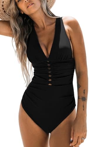 CUPSHE Damen Badeanzug V Ausschnitt Twisted Cutouts Bauchweg Raffung Tiefer Rückenausschnitt Lace Up Einteilige Bademode Swimsuit Schwarz XL