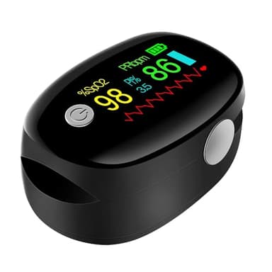 Pulsoximeter für Erwachsene mit Farbdisplay - Finger Pulse Oximeter misst Blutsauerstoff (SpO2) & Herzfrequenz in 3-5 Sekunden - Inklusive Trageband und Batterien (Schwarz)