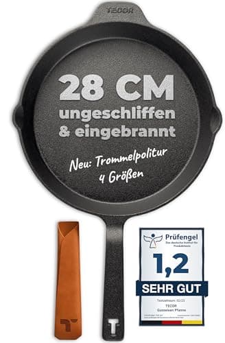 TECOR Gusseisenpfanne Induktion 28 cm ungeschliffen, universell, natürlich - Langlebige Pfanne Gusseisen Induktion - Antihaft Gusspfanne Induktion 28 cm einfach top Qualität - Cast iron pan induction