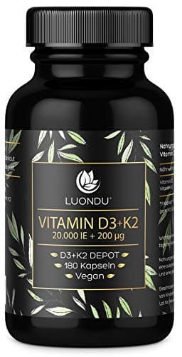 Luondu Vitamin D3 20.000 I.E + Vitamin K2 MK7 200 mcg (hochdosiert & vegan) | Ohne Zusätze, produziert in Deutschland (180 Kapseln) – Verpackung kann variieren