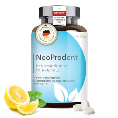 DocVital® Mundgeruch bekämpfen - 90 Mundhygiene Lutschtabletten in pharmazeutischer, deutscher Qualität - Zitronengeschmack - NeoProdent mit Lactobacillus Salivarius, Xylitol, Vitamin D