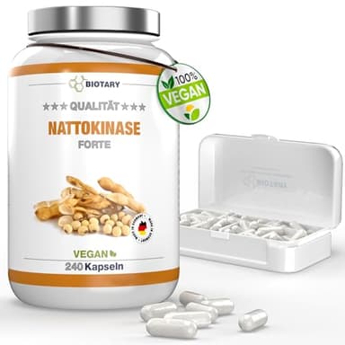 Nattokinase 240 Kapseln je 100 mg (20.000 FU/g) - 8 Monatsvorrat – inclusive Pillenbox - hochdosiert - Laborgeprüft und Vegan - Aus GMO-freien Soja - Ohne unerwünschte Zusätze