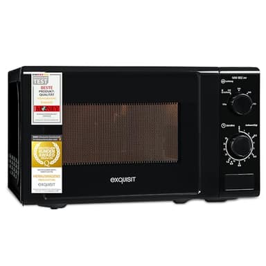 Exquisit Mikrowelle | 20 l Garraum, 700 W Ausgangsleistung, 5 Leistungsstufen, Standgerät | Auftaufunktion, manuelle Steuerung, mechanische Zeitschaltuhr, Glas-Drehteller | MW 802 schwarz