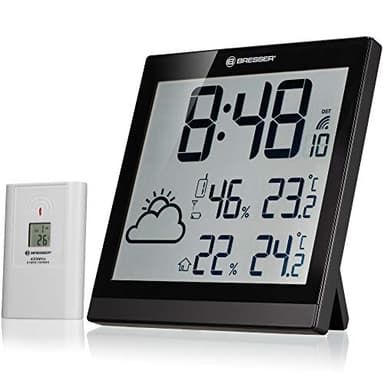 Bresser Wanduhr Wetterstation Funk mit Außensensor TemeoTrend JC mit DCF Funkuhr mit großer Anzeige für Temperatur und Luftfeuchtigkeit für Tisch oder Wandmontage inklusive Wettertrendanzeige, schwarz