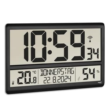 TFA Dostmann XL Wanduhr digital, 60.4520.01, mit Temperatur und Luftfeuchtigkeit, Wochentag (8 Sprachen), Funkuhr, gut ablesbar, groß, schwarz