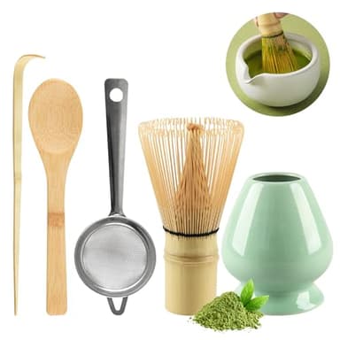 CHWNIBAY 5-Teiliges Matcha Set,Matcha Besen,Matcha Tee Set Einschließlich des Matcha Whisk,Matcha Sieb,Matcha Besen Halter,Zwei Matcha Löffel aus Bambus,Es Ist Das Beste Geschenk für Matcha-Liebhabern