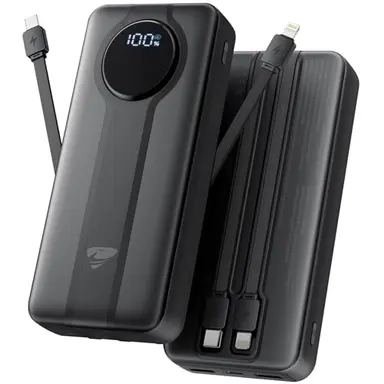 Powerbank 20000mAh – Tragbares Ladegerät mit 3 Anschlüssen & 2 integrierten Kabeln, LED Display, 22.5W USB-C Schnellladung Power bank für iPhone 17/16/15/14/13/12/11, Samsung Galaxy, Motorola– Schwarz