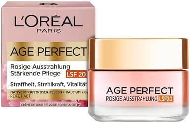 L'Oréal Paris Rosé Tagespflege LSF 20 für Frauen, für eine ebenmäßige & strahlende Haut & rosig frische Ausstrahlung mit Pfingsrosen-Zellen, Calcium und Vitamin B3, Age Perfect Golden Age1x 50ml