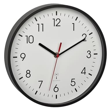 TFA Dostmann Analoge Funk-Wanduhr, 60.3550.01, praezise Anzeige, klassisch, analog, Glasabdeckung, für Wartezimmer, zu Hause, leichtes Ablesen, 245 x 245 x 42 mm, schwarz