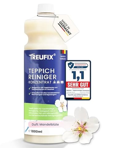 Treufix Teppichreiniger & Polsterreiniger Konzentrat für alle Teppichböden und Polster | Effektives Teppich Reinigungsmittel 1L | Geeignet für alle Waschsauger und Nasssauger - Mandelblüte