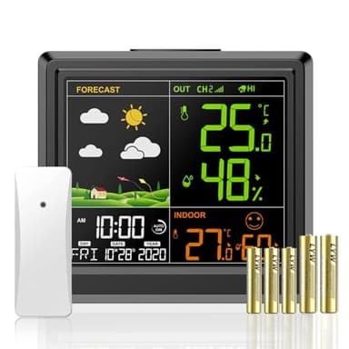 Wetterstation funk mit außensensor, 3 Helligkeitsstufen, Thermometer, Hygrometer mit Datum, Uhrzeit, Wecker, Wettervorhersage, mit LCD-Farbdisplay mit Hintergrundbeleuchtung