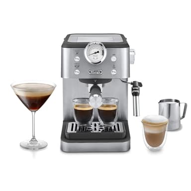 De'Longhi Siebträgermaschine Classic EM450.M, Espressomaschine mit professionellem Milchaufschäumer, Vollmetallgehäuse, 15 Bar, 1,7 l Wassertank, Edelstahl/Metall