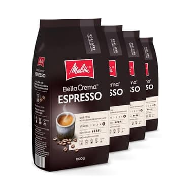 Melitta BellaCrema Espresso Ganze Kaffee-Bohnen 4 x 1kg, ungemahlen, Kaffeebohnen für Kaffee-Vollautomat, kräftige Röstung, geröstet in Deutschland, Stärke 5, im Tray