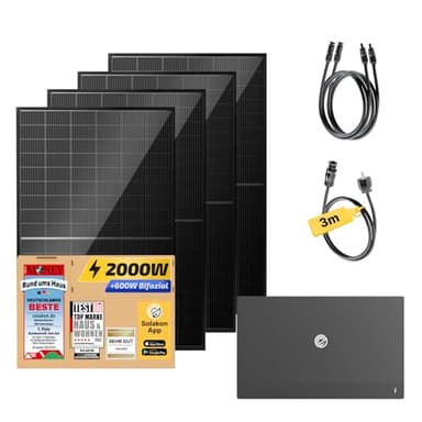 Solakon® 2000W Balkonkraftwerk mit Speicher - Balkonkraftwerk 2000W komplett Steckdose - 800W Integrierten Hybrid-Wechselrichter - Solakon ONE mit 2,11 kWh - 4X 500W bifaziale Solarmodule