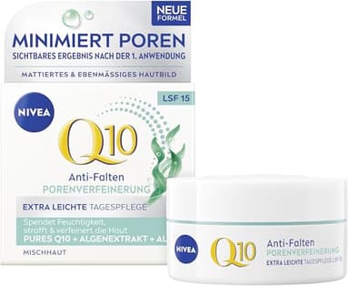 NIVEA Q10 Anti-Falten PORENVERFEINERUNG Extra Leichte Tagespflege, straffende Tagescreme mit LSF 15, Gesichtspflege für Mischhaut mit Q10, Algenextrakt und Aloe (50 ml)