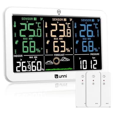 U UNNI Funk Wetterstation mit 3 Außensensoren USB und Batteriebetrieb, Funkwetterstation mit 100M Reichweite und Einstellbare °C/°F und 3 Helligkeitsstufen