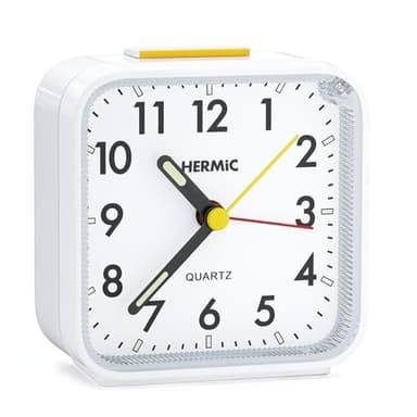 HERMIC Wecker Analog Ohne Ticken Wecker mit Licht, Batteriebetrieben, Lauter Alarm, Schlummerfunktion, Geräuschlos, Leuchtziffern Tragbarer Leise Klein Reisewecker für Tiefschläfer Weiß