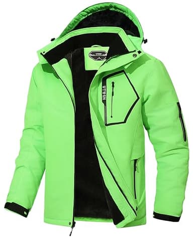 UTWGN Herren Skijacke Winter Warm Schneemantel Wasserdicht Windbreaker Kapuze Arbeit Outerwear Snowboardjacken, leuchtend grün, XL