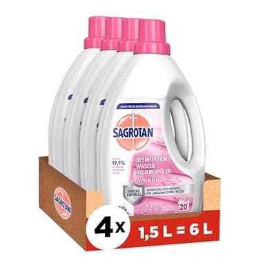 Sagrotan Wäsche-Hygienespüler Sensitiv 0% – Desinfektionsspüler für hygienisch saubere und frische, ohne Farb- und Duftstoffe – 4 x 1,5 l Reiniger im praktischen Vorteilspack