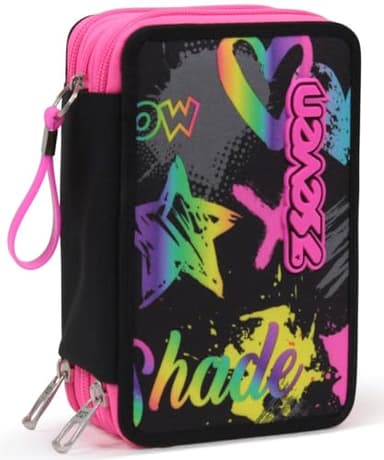 Seven Mäppchen, Mehrfarbig, Federtasche für Schreibwaren, Etui mit Stiften, Kugelschreiber, & mehr, 3 Fächer, Mädchen & Jungen, Schule - Grundschule, XXL Iridescent rosa/schwarz Sterne