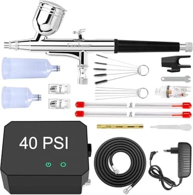 Powate Upgrade Airbrush Set Kompressor - 40 PSI Dual Action Airbrush mit 3 Modi und 0,2/0,3/0,5 mm Düsen, Tragbar mit 15 Teiligem Zubehörset für Bastelarbeiten, Nageldesign, Tätowierungen, Schwarz