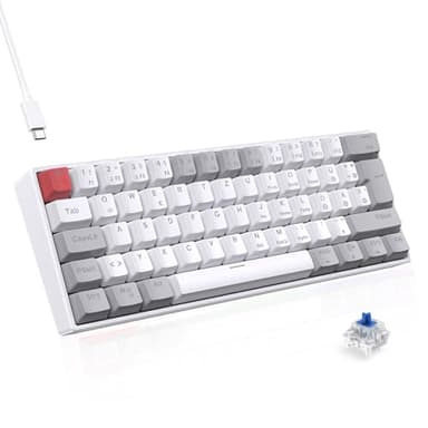 TECURS Mechanische Gaming Tastatur mit Blue Switches (kabelgebunden) - QWERTZ DE Layout, LED Hintergrundbeleuchtung, Kompakte 60% Tastatur für PC/Windows/PS5/PS4 - Weiß und Grau