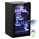 HCK 98L Getränkekühlschrank mit Cyberpunk RGB Beleuchtung, Minibar kleine Kühlschrank mit Glastür, lautlos 39dB, 0-15°C, Bierkühlschrank für Spielzimmer, Küche, Schwarz