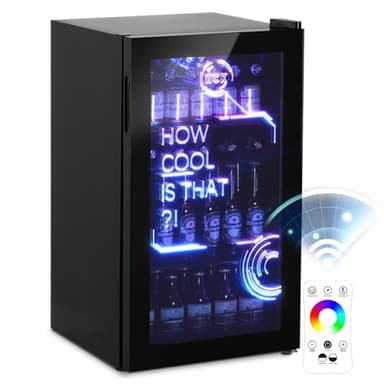HCK 98L Getränkekühlschrank mit Cyberpunk RGB Beleuchtung, Minibar kleine Kühlschrank mit Glastür, lautlos 39dB, 0-15°C, Bierkühlschrank für Spielzimmer, Küche, Schwarz