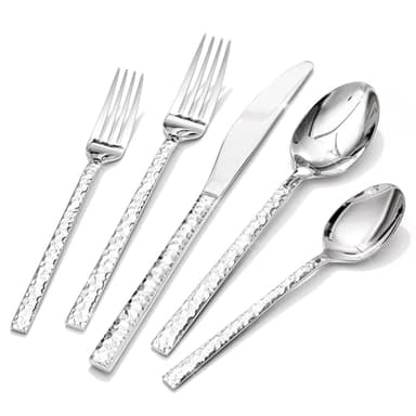 HIKAA Besteck Set 12 Personen aus Gehämmert, 60-Teilig Essbesteck 18/10, Edelstahl Besteckset für Zuhause, Partys, Hochzeiten, Cutlery Set Hochglanzpoliert Spülmaschinenfest, (Silber)
