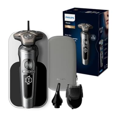 Philips Rasierer S9000 Prestige - Elektrischer Nass- und Trockenrasierer, glänzendes Chrom, Lift & Cut-Rasiersystem, SkinIQ-Technologie, Qi-Ladepad, Bartstyler, Nasentrimmer (Modell SP9871/22)