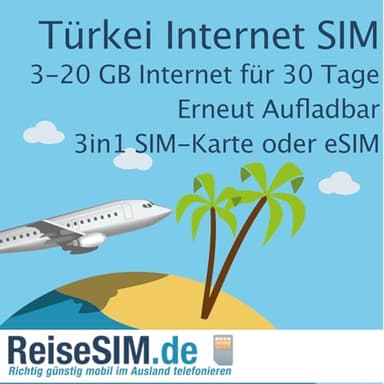 ReiseSIM Türkei Internet SIM-Karte, 20 GB Datenvolumen, 30 Tage Gültigkeit, Turk Telekom 4G/5G Netz, Nano-SIM oder eSIM