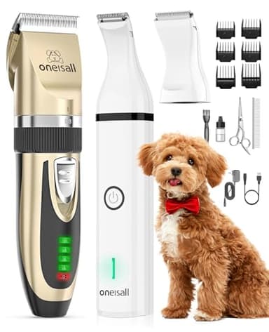 oneisall Hunde-Haarschneidemaschine und Hundepfoten-Trimmer, 2-in-1-Set, geräuscharm, schnurlos, für die Fellpflege von Tierhaar, für kleine und große Hunde, Katzen, Tiere