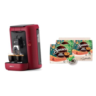Philips Senseo Maestro Kaffeepadmaschine Bundle mit 80 Kaffeepads, 3 Kaffeespezialitäten, Memo-Funktion, Crema Plus, Intensität Plus, aus recyceltem Plastik, 1,2L, Rot (CSA260/90)