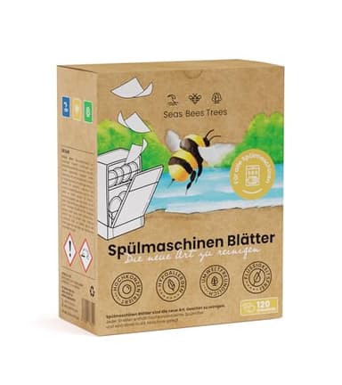 Seas Bees Trees Spülmaschinenblätter, nachhaltige Spülmaschinen Blätter als Alternative zu Spülmaschinentabs, plastikfrei, platzsparend, für sauberes Geschirr, Gläser & Besteck, 120 Spülgänge