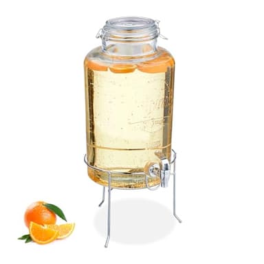 Relaxdays Getränkespender mit Ständer, Limobehälter 8 L, Zapfhahn, Wasserspender, Glas, Bügelverschluss, transparent