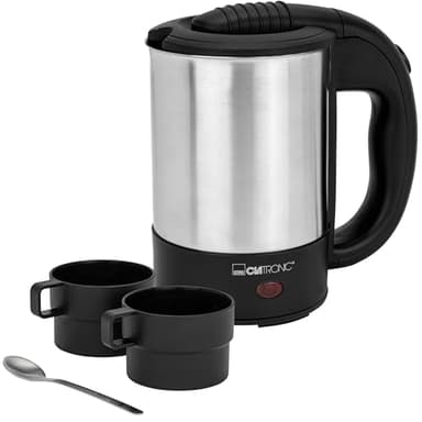 Clatronic WKR 3624 Reise-Wasserkocher, Füllmenge bis zu 0.5 Liter, Ideal für die Reise, Camping und unterwegs, inkl. 2 Tassen à 170 ml, Transport / Reisebeutel und Kaffeelöffel, Edelstahl/Schwarz